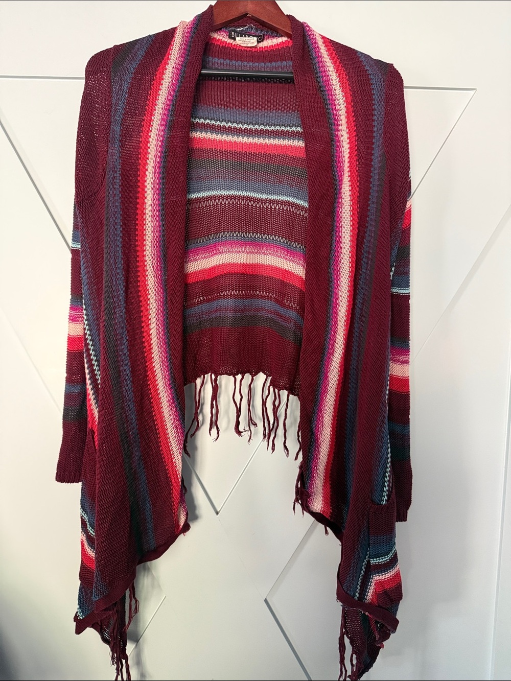 Billabong Burgundy Multi Stripe Fringe Open-Front Poncho